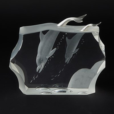 Lot 363 - Steuben Silver Gilt-Mounted Glass Sculpture of Dolphins