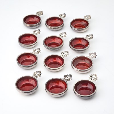 Lot 316 - Set of Twelve Georg Jensen Sterling Silver and Enamel "Acorn" Pattern Salt Cellars