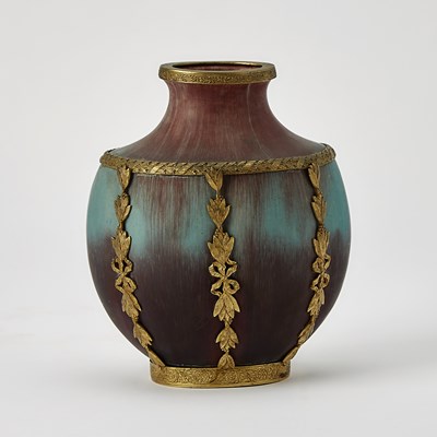 Lot 249 - Eugène Baudin Art Nouveau Gilt-Brass Mounted Maroon and Turquoise Glazed Stoneware Vase