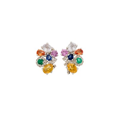 Lot 1093 - Pair of White Gold, Gem-Set and Diamond Earclips