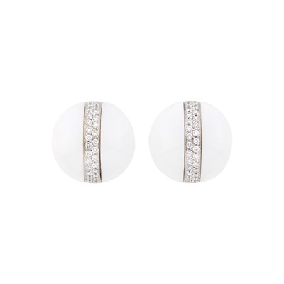 Lot 30 - Verdura Pair of White Gold, White Cacholong and Diamond Dome Earclips