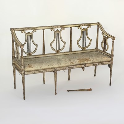 Lot 1043 - Italian White Painted and Gilt Triple Lyre Back Settee