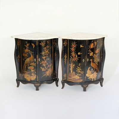 Lot 1035 - Pair of Louis XV Marble-Top Parcel-Gilt and Black Japanned Encoignures