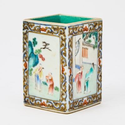 Lot 231 - A Chinese Diminutive Enameled Porcelain Square-Form Brush Pot