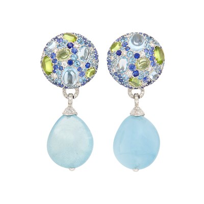 Lot 161 - Margot McKinney Pair of White Gold, Gem-Set, Diamond and Aquamarine Bead Pendant-Earclips