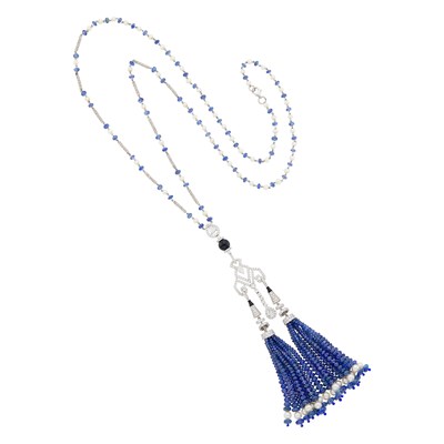 Lot 1173 - White Gold, Sapphire Bead, Cultured Pearl, Black Onyx Bead and Diamond Sautoir