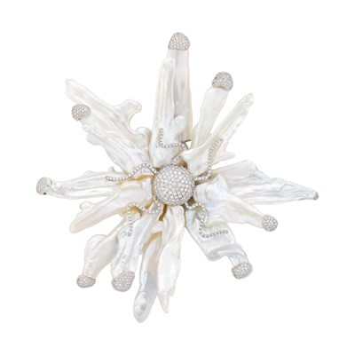 Lot 54 - Yvel Oversized White Gold, Baroque Freshwater Pearl and Diamond Flower Clip-Brooch