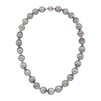 Lot 56 - Baroque Tahitian Gray Cultured Pearl Necklace with Fluted White Gold Ball Clasp