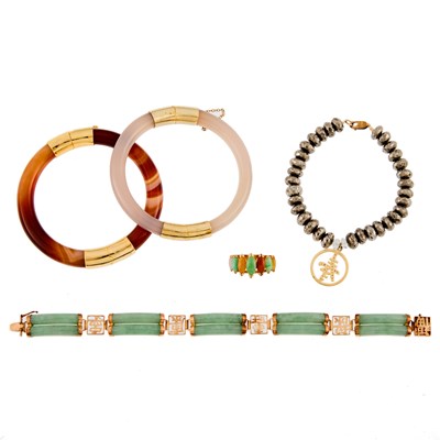 Lot 2209 - Group of Two Gilt-Metal Agate and Chalcedony Bangles, Gold and Jade Bracelet and Ring and Sydney Evan Gold, Diamond, Quartz and Hematite Bracelet
