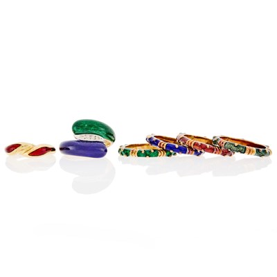 Lot 2224 - Six Gold and Enamel Rings