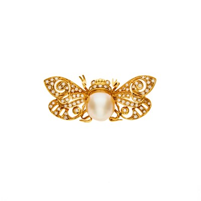 Lot 1181 - Gold, Golden Cultured Pearl and Diamond Bee Brooch