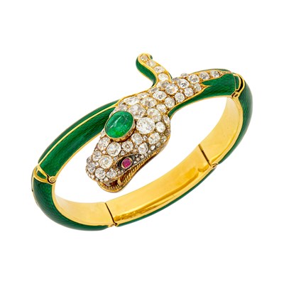 Lot 94 - Antique Gold, Green Enamel, Emerald, Diamond and Ruby Serpent Bracelet