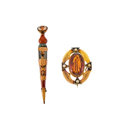 Lot 1143 - Antique Gold, Citrine and Split Pearl Brooch and Brass, Hardstone and Glass Brooch