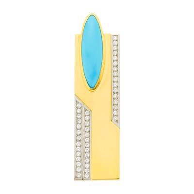 Lot 27 - Gold, Platinum, Turquoise and Diamond Brooch, France