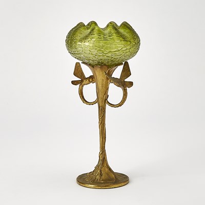 Lot 251 - Bohemian Art Nouveau Gilt-Bronze and Blown Glass Flower-Form Vase with Dragonfly Handles