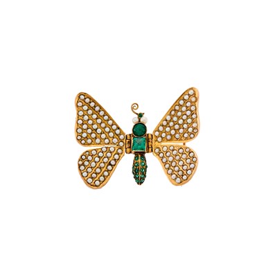 Lot 1141 - Low Karat Gold, Split Pearl, Ruby and Green Glass Butterfly Brooch