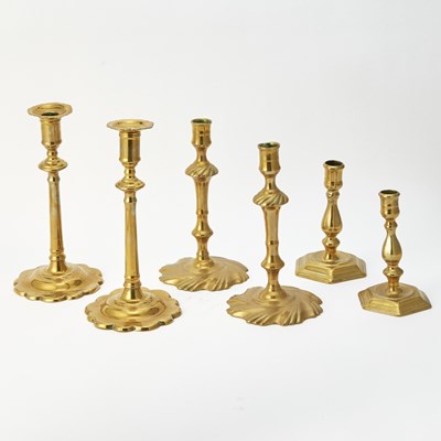 Lot 151 - Two Pairs of Queen Anne Brass Candlesticks