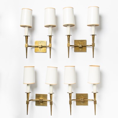 Lot 365 - Set of Four Tommi Parzinger Mid-Century Modern Style Brass "Model 12" Two-Light Wall Sconces