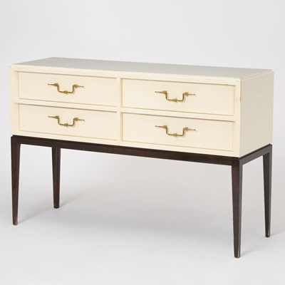 Lot 364 - Tommi Parzinger Marble Top Lacquered and Walnut Side Cabinet
