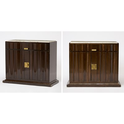 Lot 372 - Pair of Tommi Parzinger Marble Top Walnut Cabinets