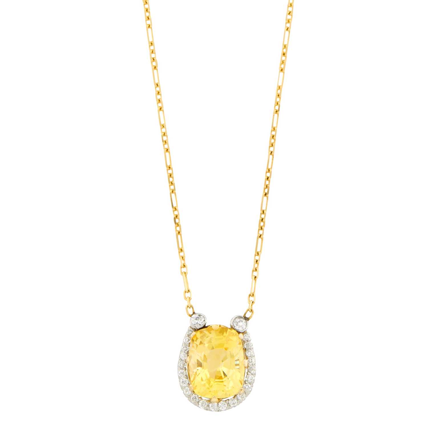 Lot 147 - Gold, Platinum, Yellow Sapphire and Diamond Pendant with Gold Chain Necklace