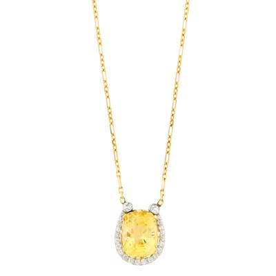 Lot 147 - Gold, Platinum, Yellow Sapphire and Diamond Pendant with Gold Chain Necklace