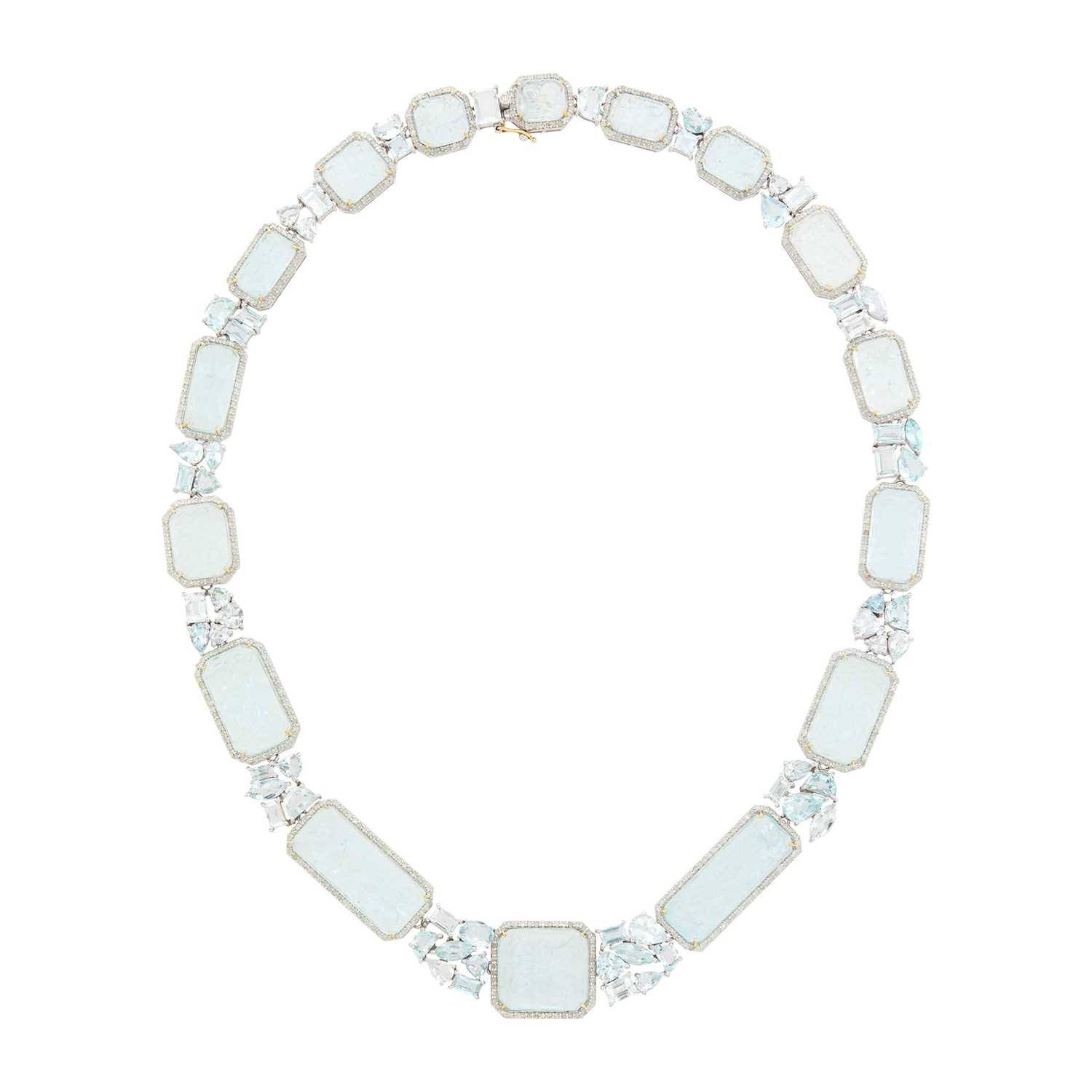 Lot 110 - Silver, Carved Aquamarine, Aquamarine and Diamond Necklace