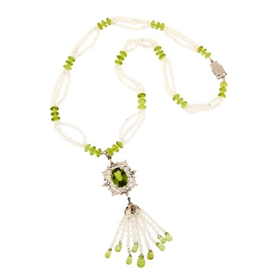 Lot 2092 - Multistrand White Gold, Moonstone and Peridot Bead, Peridot and Diamond Sautoir Necklace
