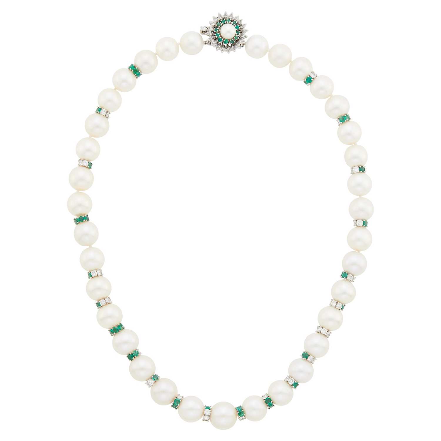Lot 125 - White Gold, South Sea Cultured Pearl, Diamond and Emerald Necklace