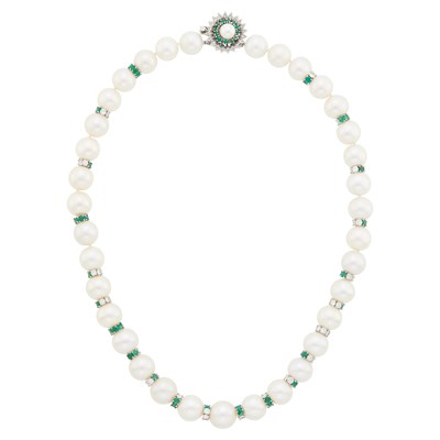 Lot 125 - White Gold, South Sea Cultured Pearl, Diamond and Emerald Necklace