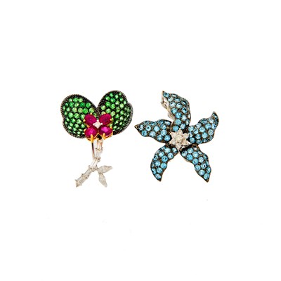 Lot 2082 - Two White Gold, Blackened Gold, Gem-Set and Diamond Brooches