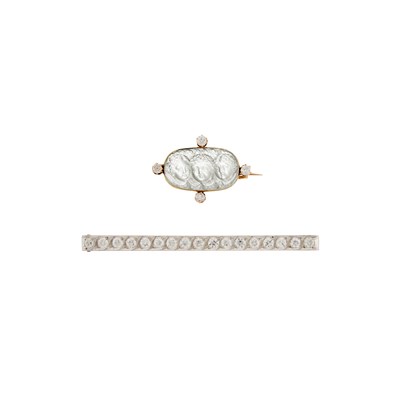 Lot 2150 - Gold, Carved Rock Crystal and Diamond Brooch and Platinum, Gold and Diamond Bar Pin