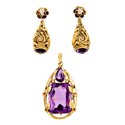 Lot 2175 - Pair of Gold, Amethyst and Diamond Pendant-Earrings and Pendant