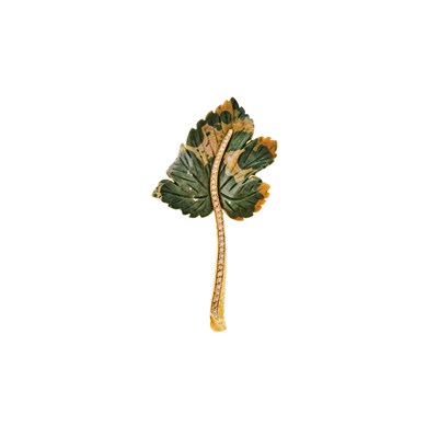 Lot 2060 - Gold, Carved Jasper and Colored Diamond Leaf Brooch