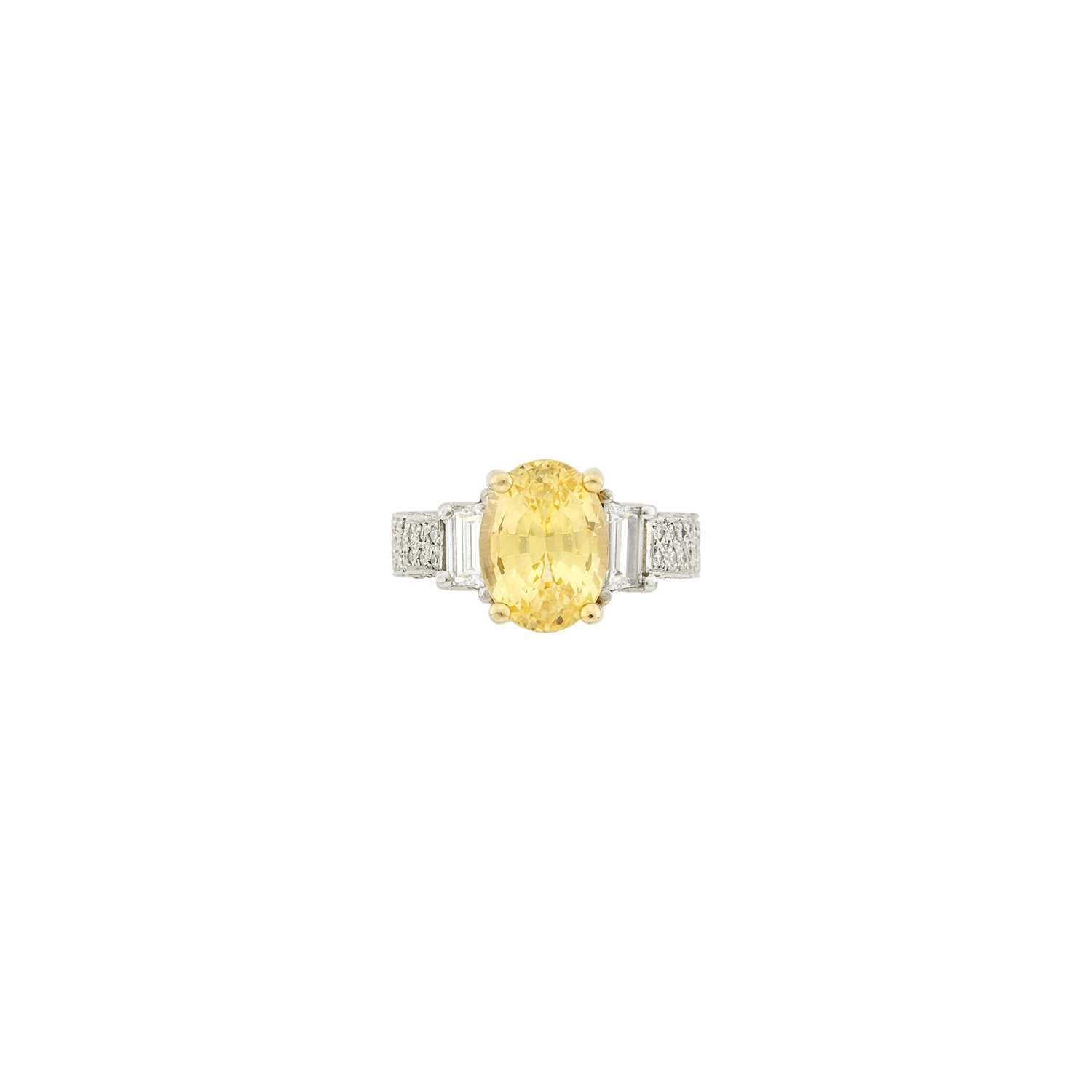 Lot 112 - Platinum, Gold, Yellow Sapphire, Colored Diamond and Diamond Ring