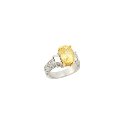 Lot 112 - Platinum, Gold, Yellow Sapphire, Colored Diamond and Diamond Ring