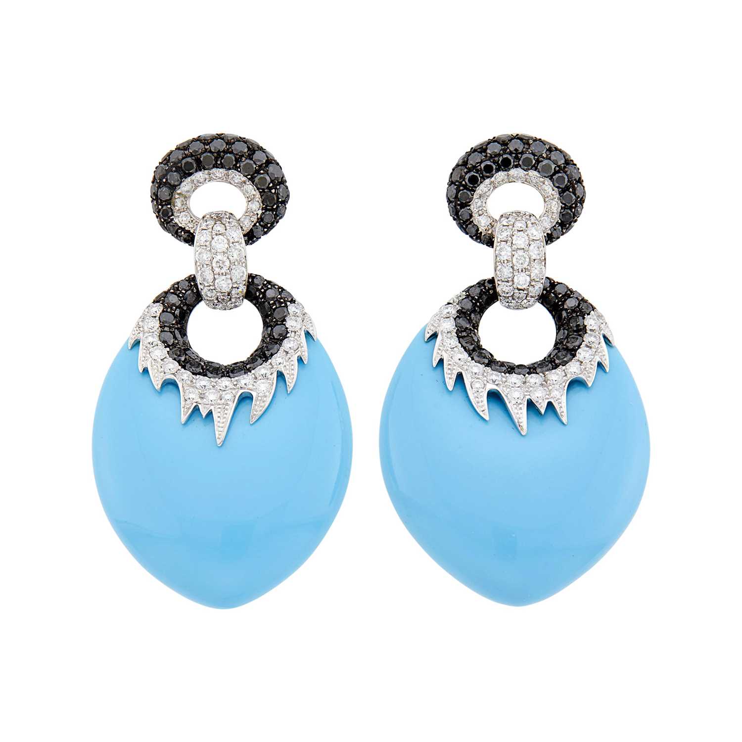 Lot 103 - Pair of White Gold, Reconstituted Turquoise, Diamond and Black Diamond Pendant-Earclips