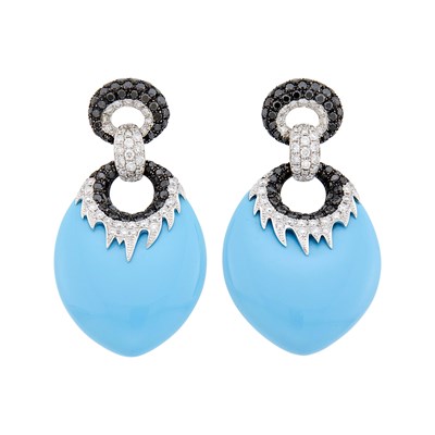 Lot 103 - Pair of White Gold, Reconstituted Turquoise, Diamond and Black Diamond Pendant-Earclips