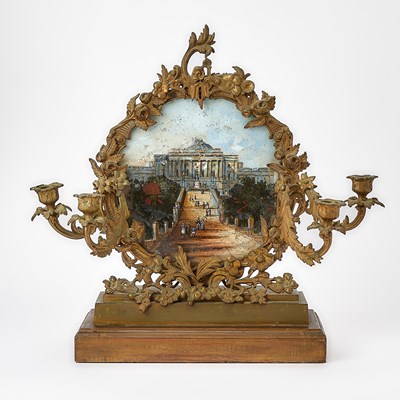 Lot 167 - French Gilt-Bronze, Eglomise and Mother-of-Pearl Candelabra