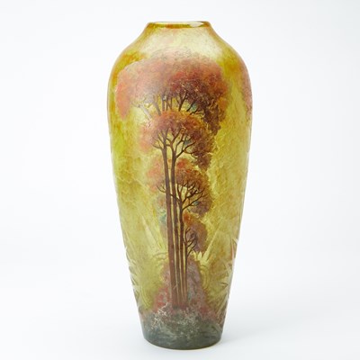 Lot 254 - Monumental Legras Acid-Etched and Enameled Glass scenic Landscape Vase