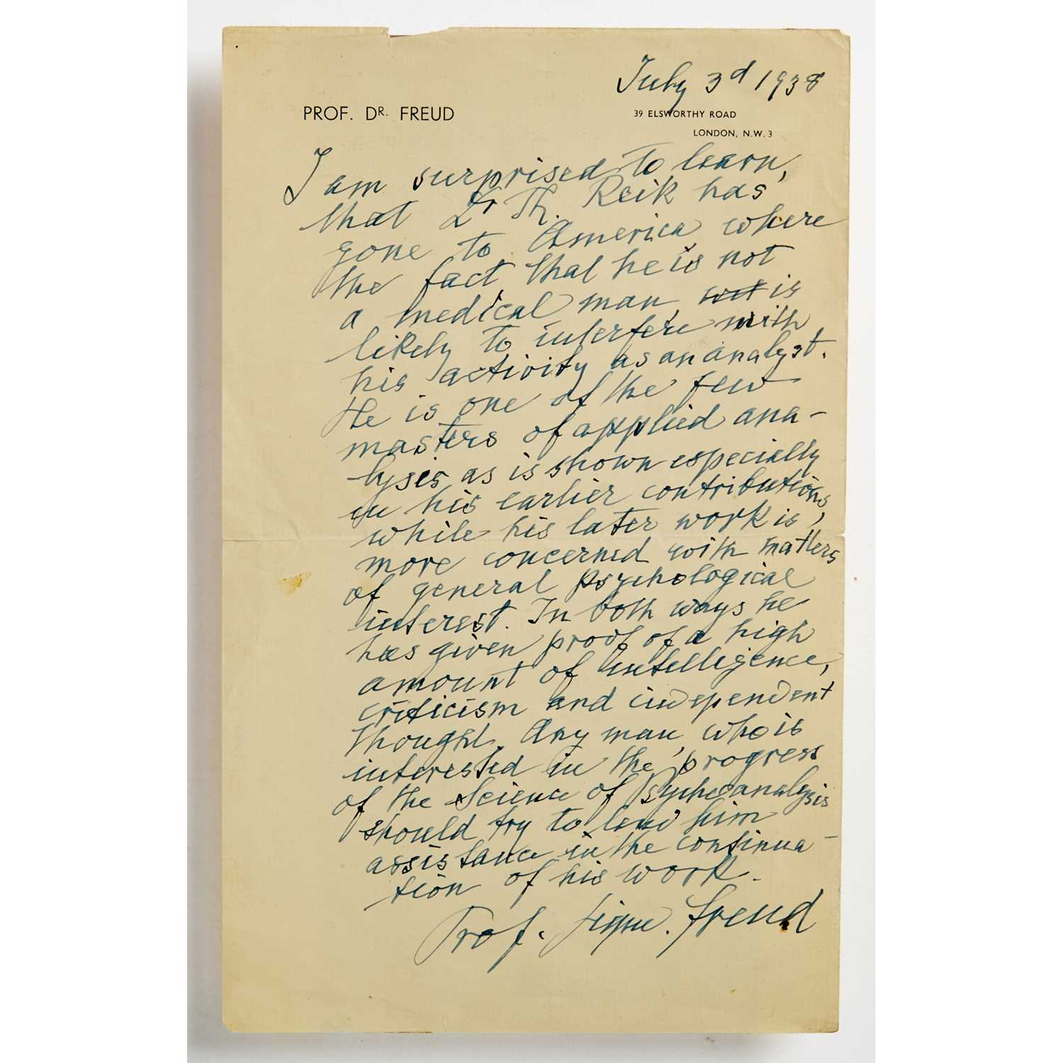 Lot 190 - An important Freud document recommending the work of his protege Theodor Reik