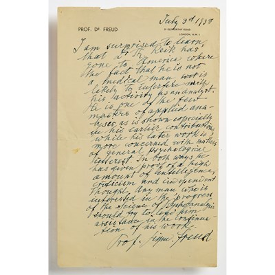 Lot 101 - An important Freud document recommending the work of his protege Theodor Reik