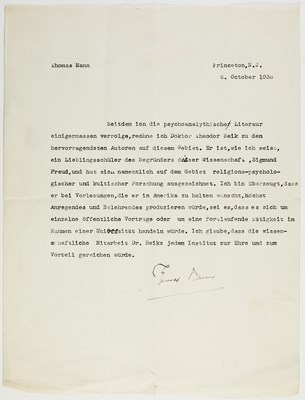 Lot 102 - Thomas Mann writes a testimonial for Theodor Reik, the great psychoanalyst