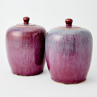 Lot 555 - A Pair of Chinese Flambe Glazed Porcelain Jars and Covers