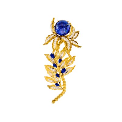 Lot 1251 - Jack Gutschneider Jewelry Co. Two-Color Gold, Diamond and Lapis Flower Brooch