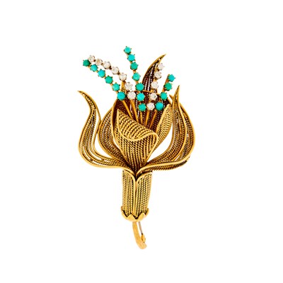 Lot 1109 - Gold, Turquoise and Diamond Flower Brooch