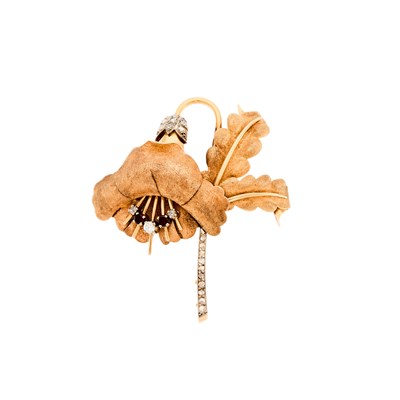 Lot 1235 - Gold, Diamond and Garnet Trumpet Flower Brooch