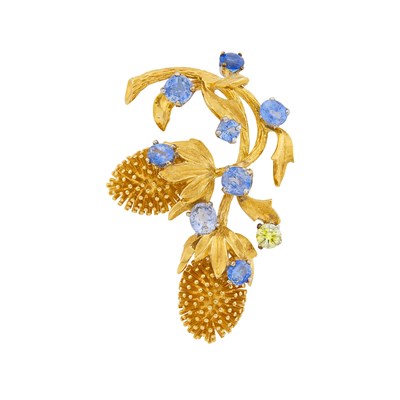 Lot 21 - Gold, Platinum, Sapphire and Colored Diamond Thistle Brooch