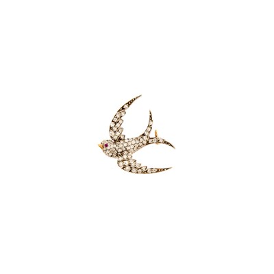 Lot 1192 - Antique Platinum, Gold, Diamond and Ruby Swallow Brooch
