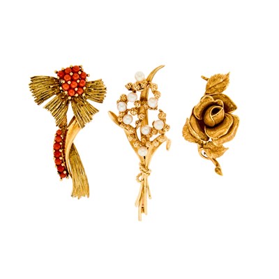 Lot 1210 - Three Gold, Pearl and Coral Brooches